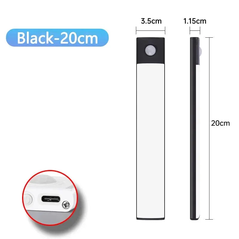 USB tipo C recarregável LED gabinete luz, sensor de movimento, lâmpada para cozinha, iluminação de armário, 20cm, 30cm, 40cm, 50cm, 60cm