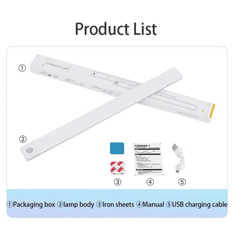 USB tipo C recarregável LED gabinete luz, sensor de movimento, lâmpada para cozinha, iluminação de armário, 20cm, 30cm, 40cm, 50cm, 60cm